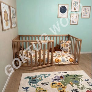 Full Bed with Extra Protection - Solid Wood Bed - Montessori Bed - Nursery Decor - Kids Wood Bed - Toddler Floor Bed - Ecofriendly Furniture