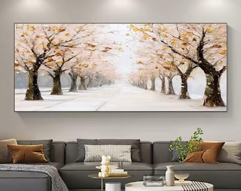 Pintura al óleo de bosque, sobre lienzo, arte decorativo moderno para sala de estar, pintura al óleo de paisaje nevado con grandes árboles.