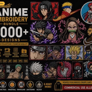 May include: A black graphic featuring anime embroidery designs. The image includes various anime characters and the text "ANIME EMBROIDERY BUNDLE 3000+ DESIGNS". The designs are suitable for hoodies, shirts, caps, and more. Commercial use is allowed.