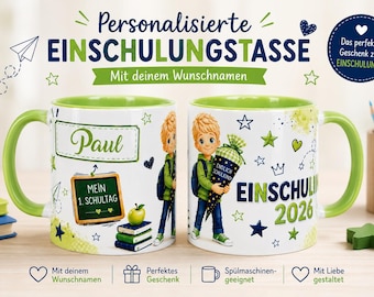 Personalisierte Einschulung Tasse 2026 mit Name | Geschenk zum 1. Schultag | Junge | Keramiktasse | Schulanfang