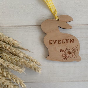 Easter Basket Wood Bunny Tag with Engraved Flowers | Bunny Name Tag | Custom Engraved Wood Tag | Easter Basket Bunny