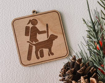 Hiker with Ponytail & Dog Wood Ornament