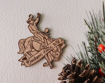 Jackson Hole Wyoming Bucking Bronco Cowboy Wood Ornament