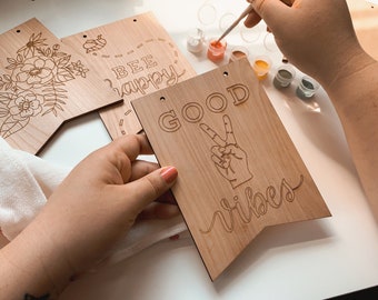 DIY Paint Kit | DIY Wood Boho Sign | Wood Coloring Pennant | Coloring Activity | Adult Coloring Sheet