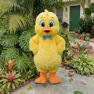 Duck Mascot Costume for Adults, Professional Yellow Bird Plush Outfit with Bowtie, Cartoon Animal Suit for Birthday Party