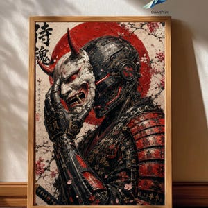 Peut inclure: Œuvre encadrée représentant un samouraï cyborg tenant un masque de démon japonais. L'œuvre d'art présente un schéma de couleurs rouge et noir avec des accents de fleurs de cerisier. Du texte japonais est visible. L'œuvre est dans un cadre en bois.