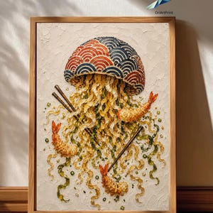 May include: A framed textured wall art piece depicting a jellyfish-shaped bowl of ramen. The jellyfish cap features a blue and orange wave pattern, while the tentacles are yellow noodles with three fried shrimp and dark chopsticks.