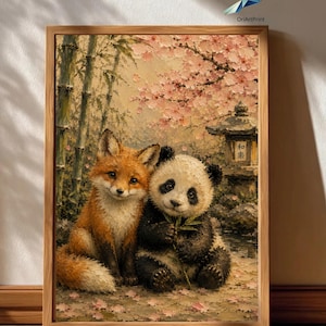 Peut inclure: Une peinture à l'huile texturée encadrée représentant un renard roux et un panda assis ensemble dans un jardin avec des tiges de bambou, des fleurs de cerisier roses et une lanterne en pierre portant les caractères japonais 和楽. Cadre en bois clair.