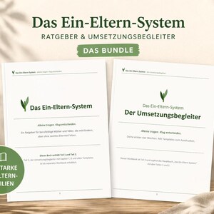 May include: A bundle of two white paperbacks with the title "Das Ein-Eltern-System" in green text. The text "DAS BUNDLE" is above the titles. A green circular sticker with text is in the lower left corner. A green vase with a plant is on the right.