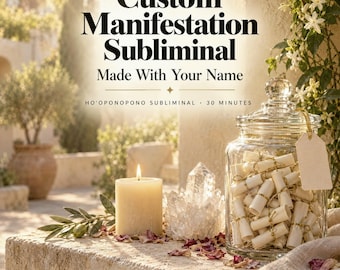 Könnte beinhalten: Ein Glasgefäß gefüllt mit gerollten Papierrollen, eine weiße Stumpenkerze und eine klare Quarzkristallgruppe. Der Text lautet Custom Manifestation Subliminal Made With Your Name, 30-MIN AUDIO, HO'OPONOPONO SUBLIMINAL, 30 MINUTES und CLEANSE THEN CREATE.