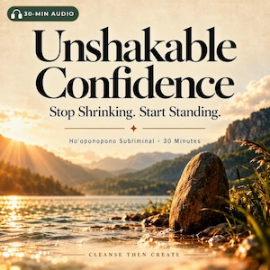 Puede incluir: Una portada de archivo de audio digital titulada Unshakable Confidence, Stop Shrinking. Start Standing. Ho'oponopono Subliminal 30 Minutes, Cleanse Then Create. El fondo muestra un lago soleado, montañas y una gran roca en primer plano.