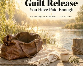 Könnte beinhalten: Eine braune Reisetasche aus Leder, eine cremefarbene Decke mit Fransen und eine kleine Keramiktasse auf einem Holzsteg. Der Text lautet: Guilt Release, You Have Paid Enough, 30-MIN AUDIO, Ho'oponopono Subliminal, 30 Minutes, CLEANSE THEN CREATE.
