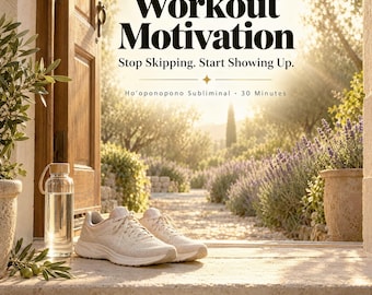 Könnte beinhalten: Ein Paar helle Sportschuhe und eine durchsichtige Glaswasserflasche mit Holzdeckel stehen auf einer Steinschwelle. Der Text lautet: Workout Motivation, Stop Skipping. Start Showing Up., Ho'oponopono Subliminal, 30 Minutes.