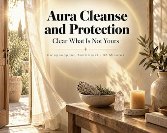 Könnte beinhalten: Eine digitale Audiodatei-Grafik mit dem Text Aura Cleanse and Protection, Clear What Is Not Yours, Ho'oponopono Subliminal, 30 Minutes. Das Bild zeigt ein Salbeibündel, einen Kristall und eine Kerze auf einem Holztisch.