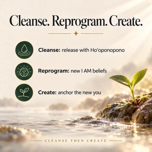 Puede incluir: Un gr&aacute;fico con el texto Cleanse. Reprogram. Create. y tres iconos circulares de color verde oscuro que muestran una gota de agua, un cerebro y un brote. El texto incluye Cleanse: release with Ho'oponopono, Reprogram: new I AM beliefs y Create: anchor the new you.