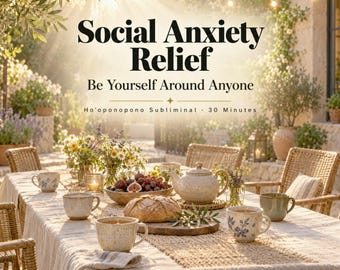 Könnte beinhalten: Eine digitale Grafik mit dem Text Social Anxiety Relief, Be Yourself Around Anyone und Ho'oponopono Subliminal 30 Minutes. Das Bild zeigt einen gedeckten Tisch mit einer Teekanne, Tassen, einem Brotlaib und Blumen in einem sonnigen Garten.