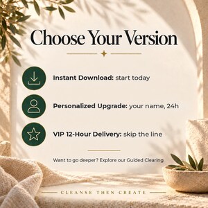 Puede incluir: Un gr&aacute;fico informativo titulado Choose Your Version con tres iconos circulares de color verde oscuro que muestran una flecha de descarga, una silueta de persona y una estrella. El texto incluye Instant Download, Personalized Upgrade y VIP 12-Hour Delivery, con el pie de p&aacute;gina Cleanse Then Create.