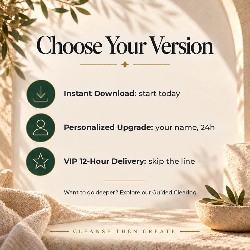 Puede incluir: Un gr&aacute;fico informativo titulado Choose Your Version con tres iconos circulares de color verde oscuro que muestran una flecha de descarga, una silueta de persona y una estrella. El texto incluye Instant Download, Personalized Upgrade y VIP 12-Hour Delivery, con el pie de p&aacute;gina Cleanse Then Create.