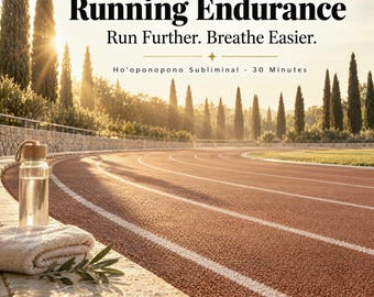 Könnte beinhalten: Ein digitales Audio-Cover mit dem Titel Running Endurance, Run Further. Breathe Easier. Ho'oponopono Subliminal. 30 Minutes. Cleanse Then Create. Das Bild zeigt eine durchsichtige Wasserflasche, ein gefaltetes weißes Handtuch und einen Olivenzweig.