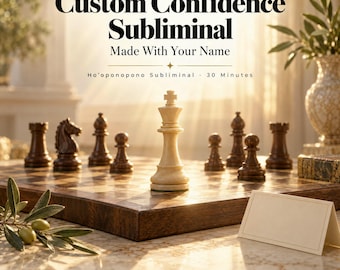 Könnte beinhalten: Ein hölzernes Schachbrett mit dunkelbraunen Figuren und einem weißen König in der Mitte. Der Text lautet: 30-MIN AUDIO, Custom Confidence Subliminal, Made With Your Name, Ho'oponopono Subliminal, 30 Minutes und CLEANSE THEN CREATE. Ein Olivenzweig liegt daneben.