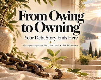 Könnte beinhalten: Eine digitale Grafik mit dem Text From Owing to Owning Your Debt Story Ends Here Ho'oponopono Subliminal 30 Minutes Cleanse Then Create. Eine zerbrochene dunkle Metallkette liegt auf einem strukturierten beigen Stoff neben einer kleinen Pflanze und einer Vase.