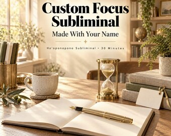 Könnte beinhalten: Ein offenes Notizbuch mit einem goldenen Füllfederhalter, einer Messing-Sanduhr und einer gesprenkelten Keramiktasse auf einem Holztisch. Text: Custom Focus Subliminal, Made With Your Name, Ho'oponopono Subliminal, 30 Minutes, 30-MIN AUDIO, CLEANSE THEN CREATE.