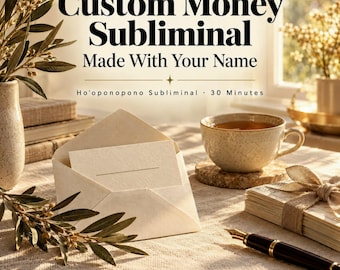 Könnte beinhalten: Ein digitales Audioprodukt mit dem Titel Custom Money Subliminal Made With Your Name, das ein 30-minütiges Ho'oponopono-Subliminal enthält. Das Bild zeigt einen offenen Umschlag mit Karte, eine Teetasse und einen Füllfederhalter.