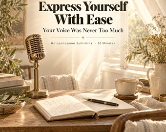 Könnte beinhalten: Ein goldenes Mikrofon im Vintage-Stil auf einem Holztisch neben einem offenen Notizbuch mit schwarzem Stift, einer Keramiktasse und einer Vase mit Trockenblumen. Text: Express Yourself With Ease, Your Voice Was Never Too Much, Ho'oponopono Subliminal - 30 Minutes, Cleanse Then Create.