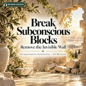Puede incluir: Una portada de audio digital con el texto Break Subconscious Blocks Remove the Invisible Wall Ho'oponopono Subliminal 30 Minutes Cleanse Then Create. El fondo muestra un arco de piedra con vegetación y un paisaje soleado.