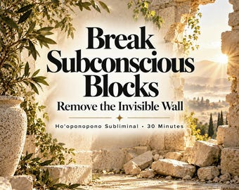 Könnte beinhalten: Ein digitales Audiocover mit dem Text Break Subconscious Blocks Remove the Invisible Wall Ho'oponopono Subliminal 30 Minutes Cleanse Then Create. Der Hintergrund zeigt einen Steinbogen mit Grünpflanzen und einer sonnigen Landschaft.