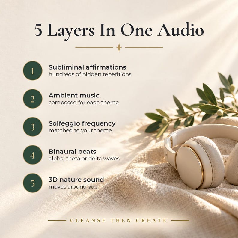 Puede incluir: Unos auriculares de color beige descansan sobre una tela texturizada junto al texto 5 Layers In One Audio, que enumera cinco componentes: afirmaciones subliminales, m&uacute;sica ambiental, frecuencia Solfeggio, latidos binaurales y sonido 3D. Cleanse Then Create.
