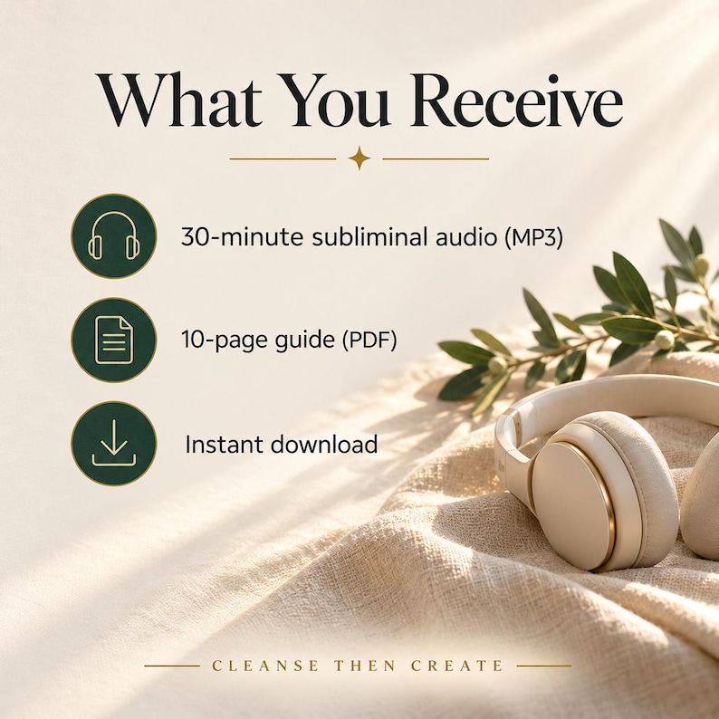 Puede incluir: Una lista de producto digital titulada What You Receive que incluye un audio subliminal de 30 minutos en MP3, una gu&iacute;a PDF de 10 p&aacute;ginas y un icono de descarga. Auriculares beige sobre tela texturizada junto al texto Cleanse Then Create.