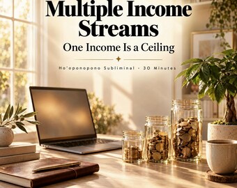 Könnte beinhalten: Ein digitales Audioprodukt mit dem Titel Multiple Income Streams, One Income Is a Ceiling, inklusive Ho'oponopono Subliminal 30 Minutes. Die Grafik zeigt einen Laptop, ein Notizbuch mit Stift und drei mit Goldmünzen gefüllte Gläser.