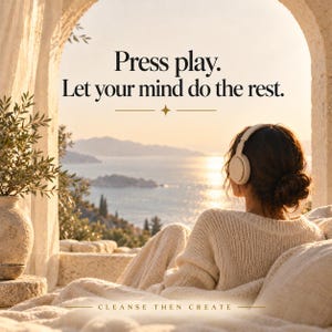 Puede incluir: Auriculares beige de diadema usados por una persona con un su&eacute;ter de punto color crema. El texto dice: Press play. Let your mind do the rest. CLEANSE THEN CREATE. La escena se sit&uacute;a bajo una estructura de piedra con vistas al mar.