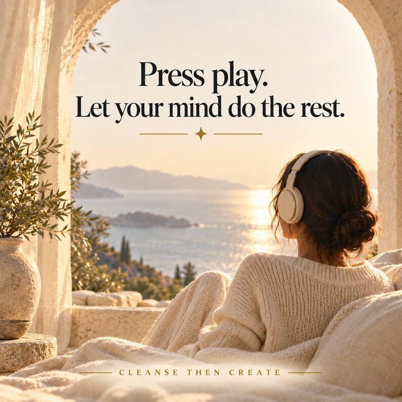 Puede incluir: Auriculares beige de diadema usados por una persona con un su&eacute;ter de punto color crema. El texto dice: Press play. Let your mind do the rest. CLEANSE THEN CREATE. La escena se sit&uacute;a bajo una estructura de piedra con vistas al mar.