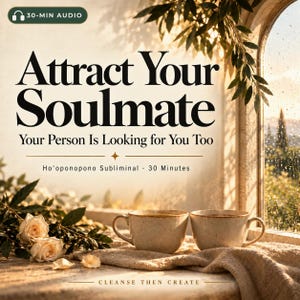 Puede incluir: Un gráfico digital con el texto Attract Your Soulmate, Your Person Is Looking for You Too, y Ho'oponopono Subliminal 30 Minutes. Dos tazas de cerámica moteada sobre un paño texturizado junto a dos rosas pálidas ante una ventana.