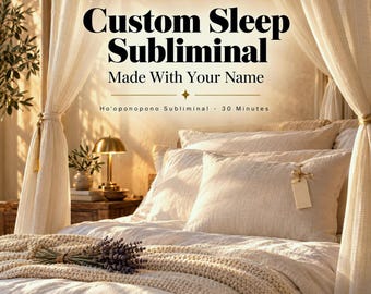 Könnte beinhalten: Ein digitales Audioprodukt mit dem Titel Custom Sleep Subliminal Made With Your Name und einer Spieldauer von 30 Minuten. Die Grafik zeigt ein Schlafzimmer mit Himmelbett, weißer Bettwäsche, Lavendel und einer goldenen Lampe.