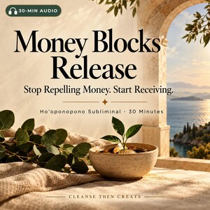 Puede incluir: Un cuenco de cerámica beige lleno de monedas de oro y un pequeño brote de planta verde, sobre un paño texturizado. El texto dice: Money Blocks Release, Stop Repelling Money. Start Receiving, Ho'oponopono Subliminal, 30 Minutes, Cleanse Then Create.