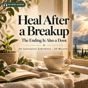 Puede incluir: Un gráfico digital con el texto Heal After a Breakup, The Ending Is Also a Door, Ho'oponopono Subliminal, 30 Minutes y Cleanse Then Create. Una taza y un plato de cerámica moteada junto a un libro abierto y una planta en maceta.