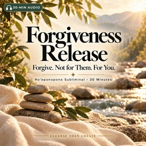 Puede incluir: Una portada de audio digital titulada Forgiveness Release, Forgive. Not for Them. For You. Ho'oponopono Subliminal 30 Minutes, Cleanse Then Create. Muestra una pila de cuatro piedras grises lisas sobre una tela blanca texturizada junto a un río.