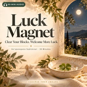 Puede incluir: Un gráfico digital con el texto Luck Magnet, Clear Your Blocks. Welcome More Luck. Ho'oponopono Subliminal 30 Minutes y Cleanse Then Create. Un cuenco de cerámica con agua, un trébol de cuatro hojas y estrellas doradas sobre una tela.