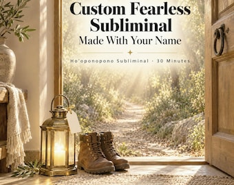 Könnte beinhalten: Eine 30-minütige Audiodatei mit dem Titel Custom Fearless Subliminal Made With Your Name und Ho'oponopono Subliminal. Das Bild zeigt eine Messinglaterne, braune Lederstiefel und eine weiße Decke neben einer offenen Holztür.
