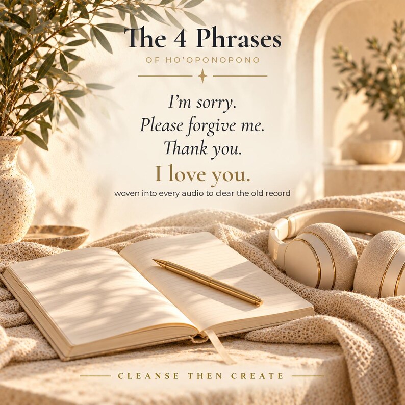 Puede incluir: Un cuaderno abierto con un bol&iacute;grafo dorado sobre sus p&aacute;ginas, acompa&ntilde;ado de auriculares beige. El texto dice: The 4 Phrases of Ho'oponopono, I'm sorry. Please forgive me. Thank you. I love you. Woven into every audio to clear the old record. Cleanse then create.