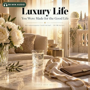 Puede incluir: Un gráfico digital con el texto Luxury Life, You Were Made for the Good Life, Ho'oponopono Subliminal, 30 Minutes y Cleanse Then Create. La imagen muestra una mesa de mármol con un vaso de agua, una cartera y un florero con flores blancas.