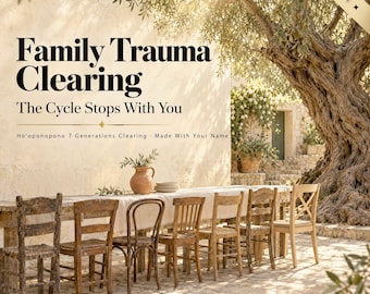Könnte beinhalten: Eine digitale Grafik mit dem Text Family Trauma Clearing, The Cycle Stops With You, Ho'oponopono 7 Generations Clearing, Made With Your Name und Cleanse Then Create. Der Hintergrund zeigt einen langen Holztisch mit Stühlen.