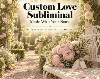 Könnte beinhalten: Eine digitale Grafik mit einem Strauß rosa Pfingstrosen und einem leeren weißen Etikett auf einer weißen Metallbank. Der Text lautet: Custom Love Subliminal Made With Your Name, 30-MIN AUDIO, Ho'oponopono Subliminal 30 Minutes, CLEANSE THEN CREATE.