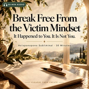 Puede incluir: Un cuaderno abierto con una pluma estilográfica dorada sobre sus páginas. El texto dice: Break Free From the Victim Mindset, It Happened to You. It Is Not You. Ho'oponopono Subliminal, 30 Minutes, Cleanse Then Create.