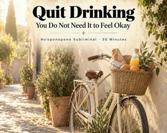 Könnte beinhalten: Ein cremefarbenes Fahrrad mit einem Weidenkorb, der ein Baguette, Orangen und eine Glasflasche mit Saft enthält. Der Text lautet: Quit Drinking, You Do Not Need It to Feel Okay, Ho'oponopono Subliminal, 30 Minutes, 30-MIN AUDIO, Cleanse Then Create.