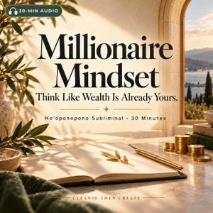 Puede incluir: Un cuaderno abierto con un bolígrafo dorado y pilas de monedas de oro sobre una mesa. El texto dice: Millionaire Mindset, Think Like Wealth Is Already Yours, 30-MIN AUDIO, Ho'oponopono Subliminal, 30 Minutes y CLEANSE THEN CREATE.