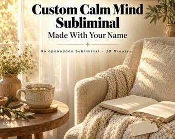 Könnte beinhalten: Ein digitales Audioprodukt mit dem Text Custom Calm Mind Subliminal Made With Your Name, Ho'oponopono Subliminal, 30 Minutes und Cleanse Then Create. Das Bild zeigt einen gemütlichen Sessel mit einer Strickdecke und einem aufgeschlagenen Buch.